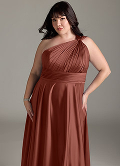 Azazie Charlize Bridesmaid Dresses Auburn A-Line One Shoulder Stretch Satin Dress image14