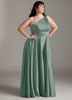 Azazie Charlize Abiti da Damigella Abito A-Line in Raso Elasticizzato Monospalla Salvia Argentata image12