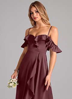 Azazie Lyra Bridesmaid Dresses Sangria A-Line Off the Shoulder Stretch Satin Convertible Dress image7