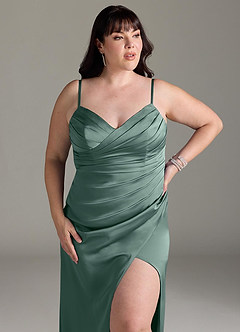 Azazie Yola Vestidos de damas de honor Vestido de Eucalipto de Satén Elástico de Corte Recto Convertible con Cuello en V Plisado image14