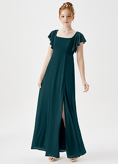 Azazie Bondi Junior Pine A-Line Side Slit Mesh Dress image3