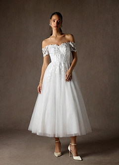 Azazie Rowe At-home Try On Dresses Diamond White A-Line Off the Shoulder Lace Dress image1