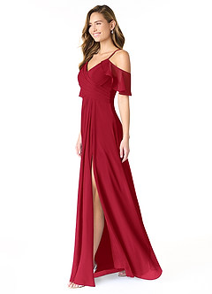 Azazie Dakota Brautjungfernkleider A-Linie V-Hals Gefaltet Chiffon Kleid Scharlachrot image6