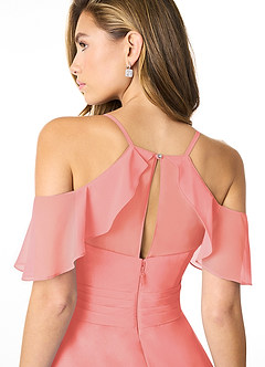Azazie Dakota Vestidos de damas de honor Vestido de Coral de Gasa de Corte en A con Cuello en V plisado image4