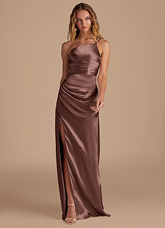 Azazie Eren Bridesmaid Dresses Espresso Sheath One Shoulder Metallic Satin Dress image3