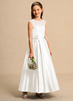 Azazie Candy Girl Jurken voor bloemenmeisjes Baljurk Jurk van Mat Satijn Boog Ivoor image7