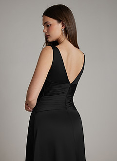 Azazie Pauline Bridesmaid Dresses Black A-Line Pleated Stretch Satin Dress image4