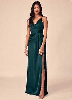 Azazie Aqua Bridesmaid Dresses Pine A-Line V-Neck Pleated Stretch Satin Dress image1