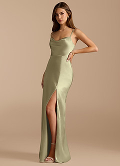 Azazie Erma Bridesmaid Dresses Moss Green A-Line Side Slit Metallic Satin Dress image4