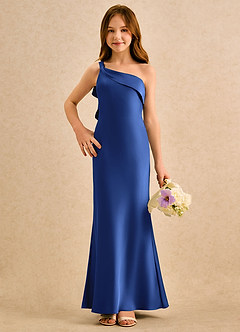 Azazie Almond Girls Formal Sukienki dla dziewczynek sypiących kwiaty Osłona Jedno ramię Satyna elastyczna Długość podłogi Sukienka image4