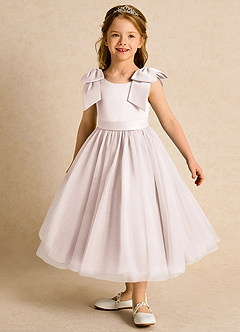 Azazie Serene Robe Demoiselle D'honneur Fillette Robe Princesse en Mat Satiné Arc Rose Pétale image1