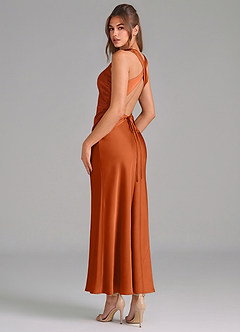Azazie Evadne Bridesmaid Dresses Burnt Orange Sheath Pleated Stretch Satin Dress image2