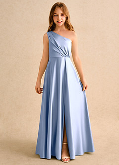 Azazie Puddles Girls Formal 플라워 걸 드레스 A라인 한쪽 어깨 매트 새틴 플로어 길이 드레스 image4