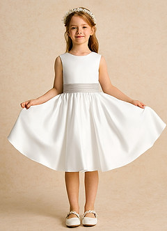 Azazie Sosie Flower Girl Dresses Ivory Frost A-Line Pleated Matte Satin Dress image2