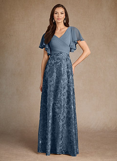 Azazie Fallon Mother of the Bride Dresses Dusty Blue A-Line Pleated Lace Dress image3