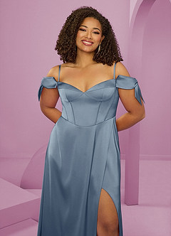 Barbie ♥ Azazie Bridesmaid Dresses Dusty Blue A-Line Off the Shoulder Stretch Satin Dress image13