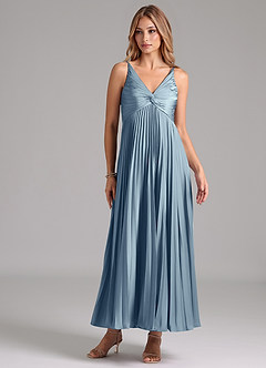 Azazie Raychelle Bridesmaid Dresses Dusty Blue A-Line Pleated Stretch Satin Dress image1