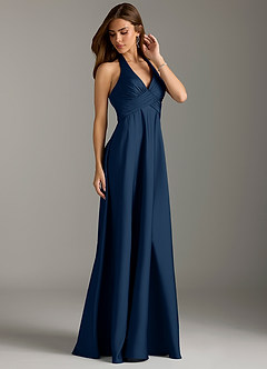 Azazie Tessie Bridesmaid Dresses Dark Navy A-Line Pleated Stretch Satin Dress image4