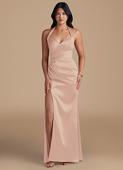 Azazie Emeria Vestidos de damas de honor Vestido de Rosa Inglesa de Satén Metálico de Corte Recto con Corte Lateral image1