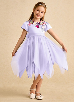 Azazie Janna Flower Girl Dresses Lilac A-Line with Sleeves Matte Satin Dress image1