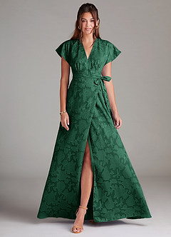 Azazie Ling Bridesmaid Dresses Dark Green A-Line Pleated Floral Burnout Dress image1