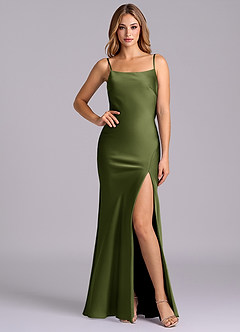 Azazie Kimberly Final Sale Olive Sheath Bow Stretch Satin Dress image2