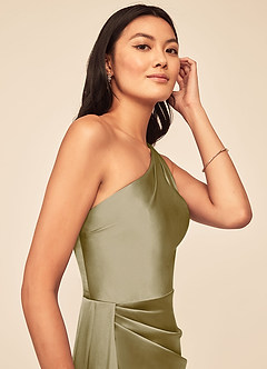 Azazie Maron Robes de demoiselle d'honneur Robe Trapèze en Satin extensible Epaule unique Vert Mousse image6