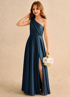 Azazie Puddles Girls Formal Robe Demoiselle D'honneur Fillette Robe Trapèze en Satin extensible Asymétrique Bleu Marine Foncé image3