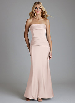 Azazie Lenya Bridesmaid Dresses Blushing Pink Sheath Pleated Stretch Satin Dress image1