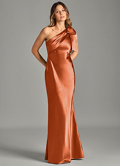 Azazie Yuanna Vestidos de damas de honor Vestido de Naranja Quemada de Satén Metálico de Corte Sirena con Hombro unilateral image5