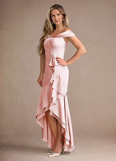 Azazie Billings Mother of the Bride Dresses Blushing Pink Mermaid Off the Shoulder Stretch Satin Dress image2