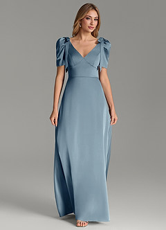 Azazie Asher Robes de demoiselle d'honneur Robe Trapèze en Satin extensible Avec poches Bleu Poussiéreux image3