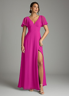 Azazie Kimber Bridesmaid Dresses Fuchsia A-Line Flounce Sleeve Chiffon Dress image2