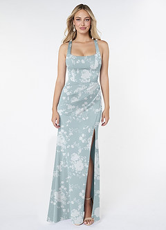 Azazie Mero Bridesmaid Dresses Powder Blue Floral Mermaid Pleated Stretch Satin Dress image1