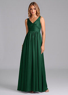 Azazie Keyla Bridesmaid Dresses Dark Green A-Line Pleated Stretch Satin Dress image1