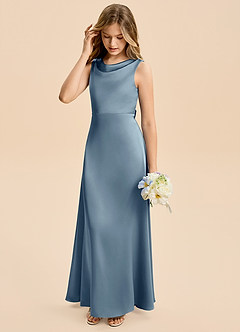 Azazie Kiki Junior Robe Trapèze en Satin extensible Nœud Bleu Poussiéreux image5