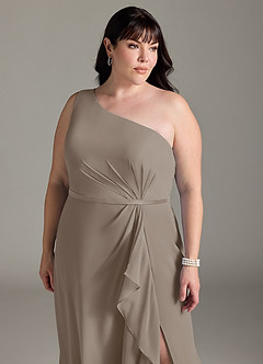 Azazie Liza Jurken voor bruidsmeisjes Jurk van Chiffon met Zeemeermin One-Shoulder Taupe image10