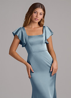 Azazie Elkie 신부 들러리 드레스 인어 스퀘어 네크라인 스트레치 새틴 바닥 길이 드레스 image6