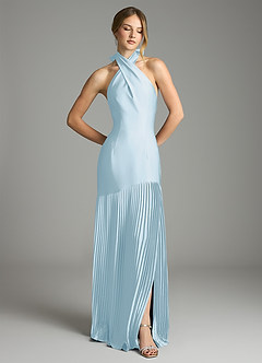 Azazie Nayeli Final Sale Sky Blue A-Line Pleated Stretch Satin Dress image3