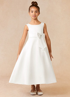 Azazie Lindy Flower Girl Dresses Ivory A-Line Pleated Matte Satin Dress image2