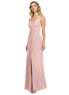 Azazie Davis Vestidos de damas de honor Vestido Rosa Empolvado de Gasa de Línea A con Cuello en V image3