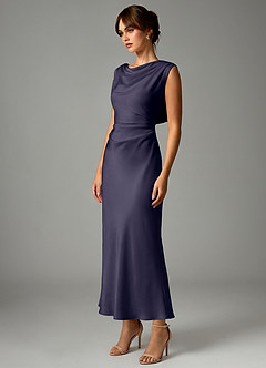 Azazie Kieryn Robes de demoiselle d'honneur Robe Sirène en Satin extensible Plissée Bleu Orageux image3