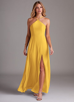 Azazie Bailey Bridesmaid Dresses Marigold A-Line Halter Side Slit Chiffon Dress image4