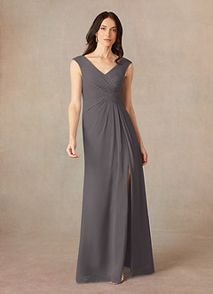 Azazie Sally Abiti per la Madre della Sposa Abito A-Line in Chiffon con Scollo a V a Pieghe Grigio Acciaio image1