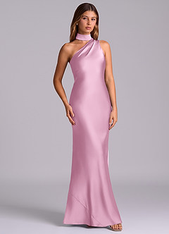 Azazie Seona Vestidos de madrinha de casamento Vestido Rosa Doce de Cetim elástico de sereia com Um ombro image3