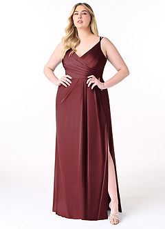 Azazie Aqua Brudtärnklänningar Klänning av A-Line i Stretch Satin V-ringad plisserad Merlot image8