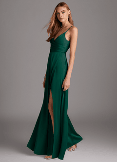 Azazie Calissa Brautjungfernkleider A-Linie V-Hals Gefaltet Stretch-Satin Kleid Smaragd image4