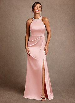 Azazie Lawrence vestidos de madre de la novia Vestido de Rosa Empolvado de Satén Elástico de Corte en A con Plisado image1