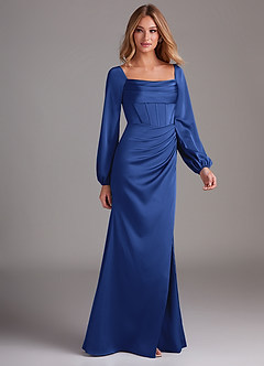 Azazie Charissa Bridesmaid Dresses Royal Blue Sheath Long Sleeve Stretch Satin Dress image6