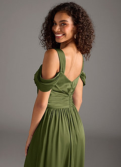 Azazie Lianne Bridesmaid Dresses Olive A-Line Off the Shoulder Stretch Satin Dress image4